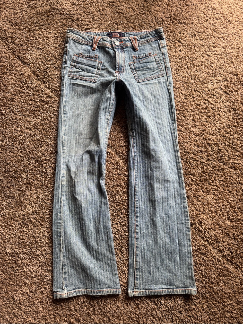 Y2K Crest Light Blue Flare Jeans with Front Patch Pockets
